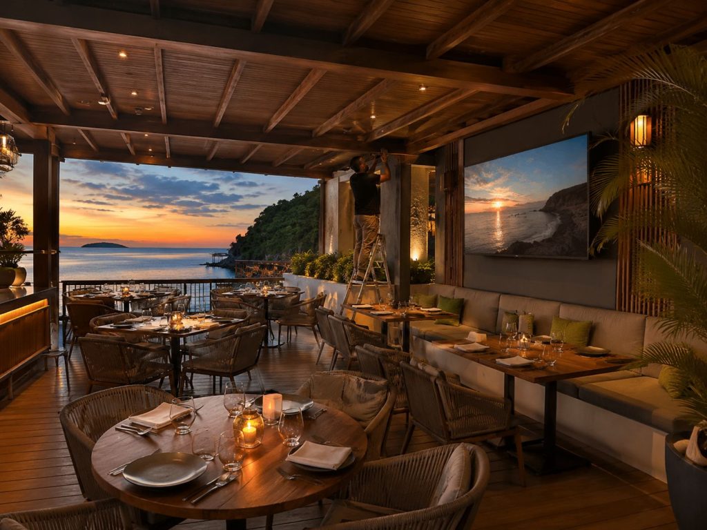 Terraza de restaurante con sistema de audio y video instalado