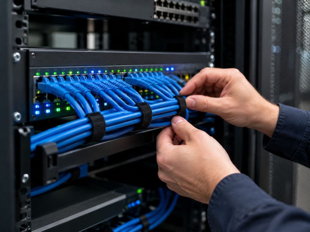 Técnico organizando el cableado de red en un rack