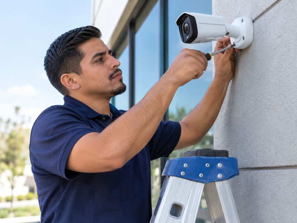 Técnico instalando una cámara de seguridad en la fachada de un negocio